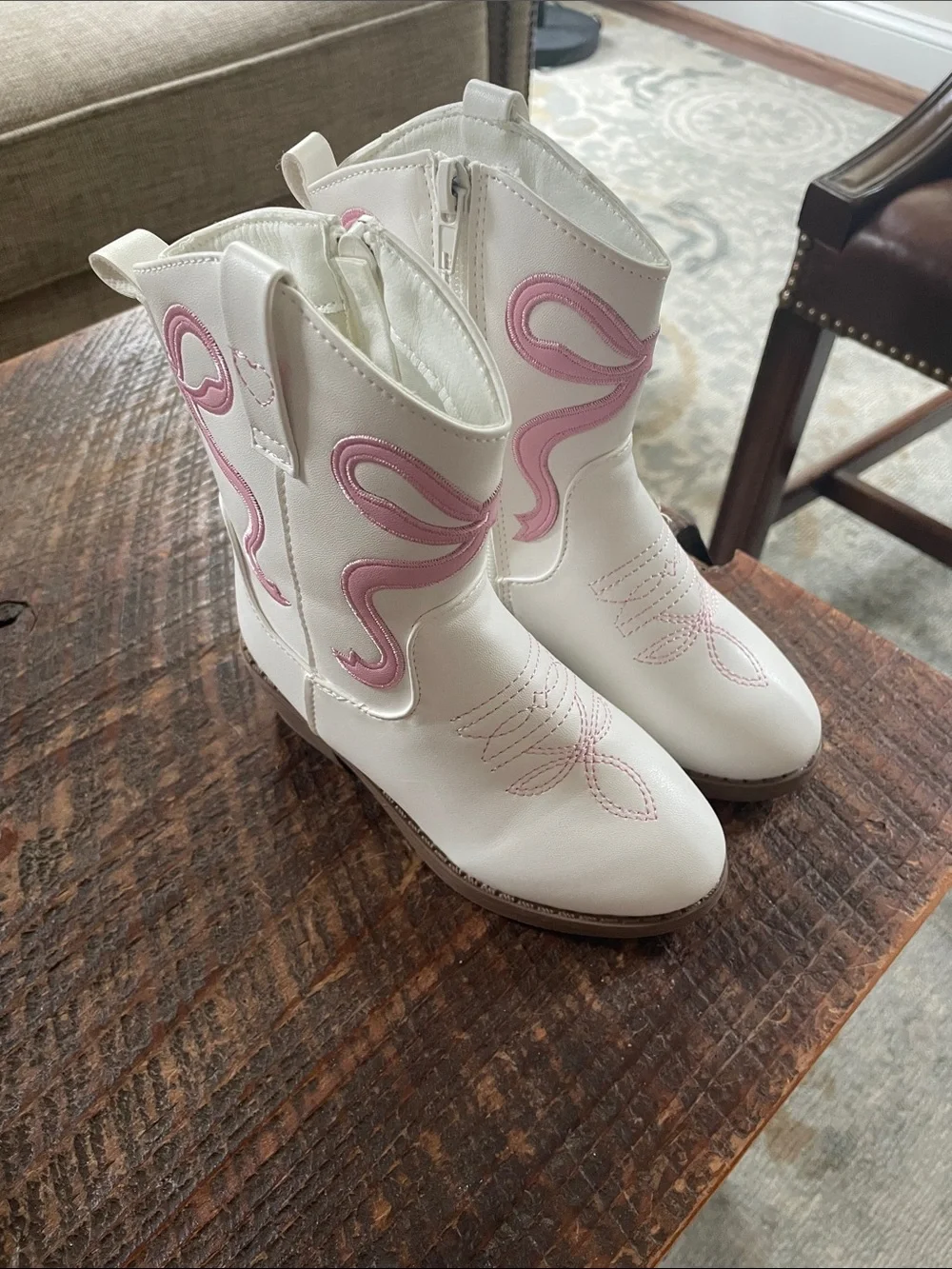 Kids White Cowboy Boots with Pink Accent Stitching